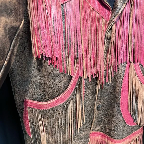Double D Ranch Red and Black Leather Fringe Jacket-Vintage - Picture 3 of 8